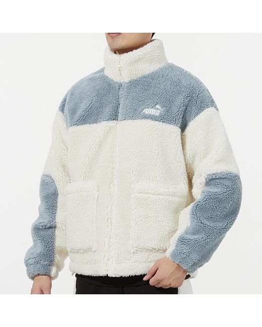 PUMA Blue Color Blocking Sherpa Jacket Contrasting Colors Lamb's Wool Stay Warm Sports Logo Creamy for men