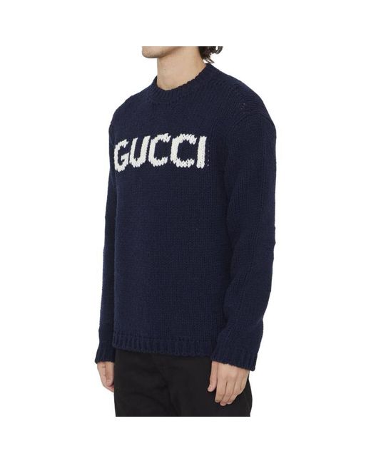 Gucci Blue Knit Wool Jumper With Intarsia for men