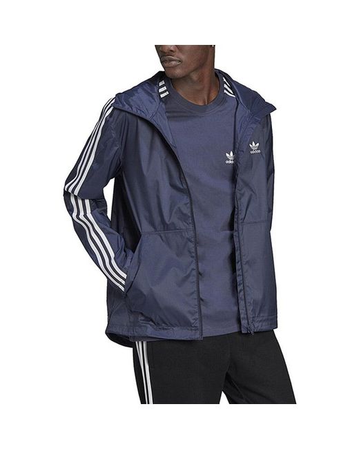 Adidas Blue Originals Logo Micro Mark Stripe Athleisure Casual Sports Hooded Woven Jacket for men