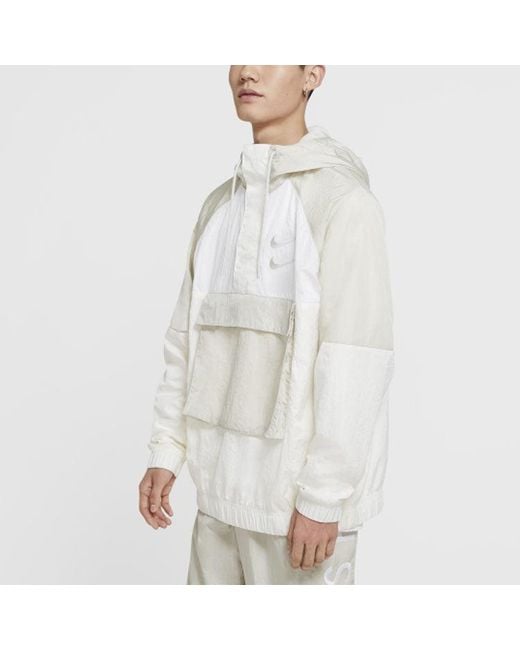 Nike White Sportswear Swoosh Half Zipper Big Pocket Woven Hooded Logo Jacket for men