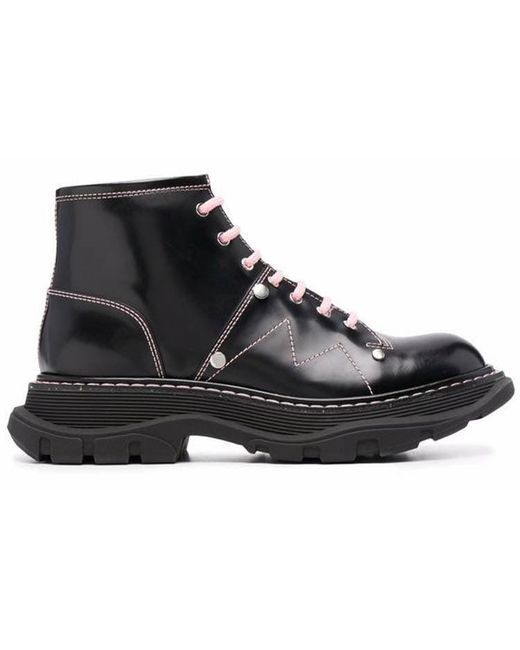 McQueen Black (Wmns) Contrast Stitch Tread Lace Up Boots