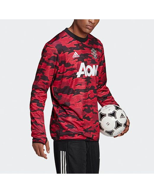 Adidas Red Mufc Pre Wrmtop 20-21 Season Camouflage Manchester United Soccer/Football Training Casual Sports Pullover for men