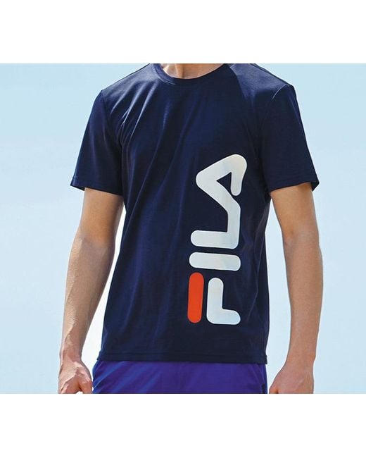 Fila Blue Alphabet Knit Round Neck Casual Sports Short Sleeve for men