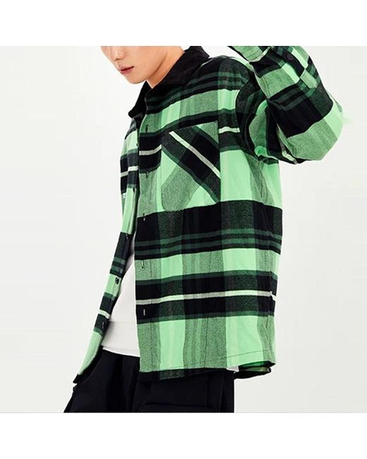 Li-ning Green Badfive Sports Basketball Series Plaid Loose Fleece Lined Long Sleeves Shirt for men