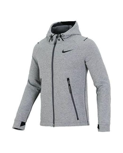Nike Gray Pro Therma-Fit Full-Length Zipper Cardigan Knit Training Hooded Jacket for men