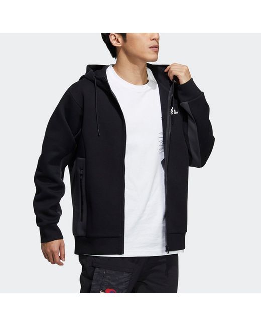 Adidas Blue St Kn Spcr Jkt Contrasting Colors Pocket Knit Sports Hooded Logo Jacket for men