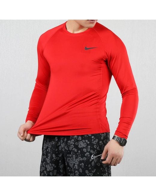 Nike Red Pro Slim Fit Version Long Sleeves Training Tops for men