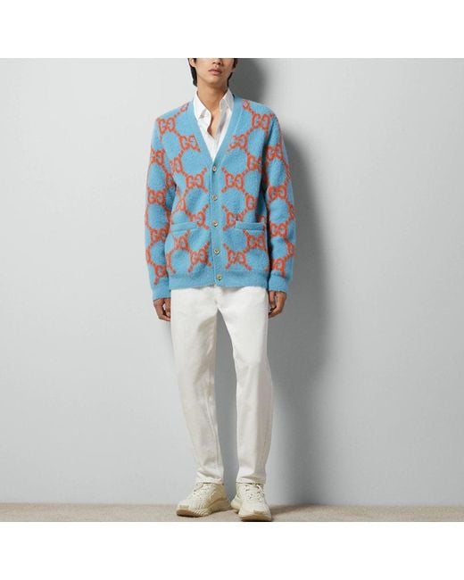 Gucci Blue Wool Cardigan With gg Intarsia for men