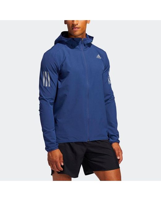Adidas Blue Solid Color Running Sports Hooded Jacket for men