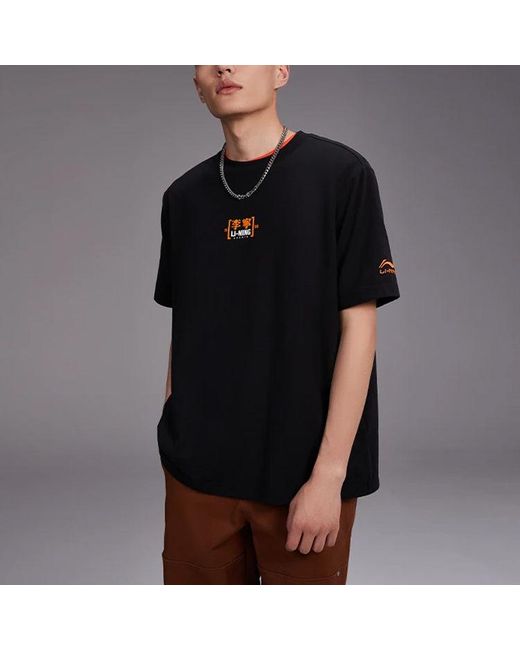 Li-ning Black Ss22 Stylish Logo Printing Loose Round Neck Short Sleeve T-Shirt for men