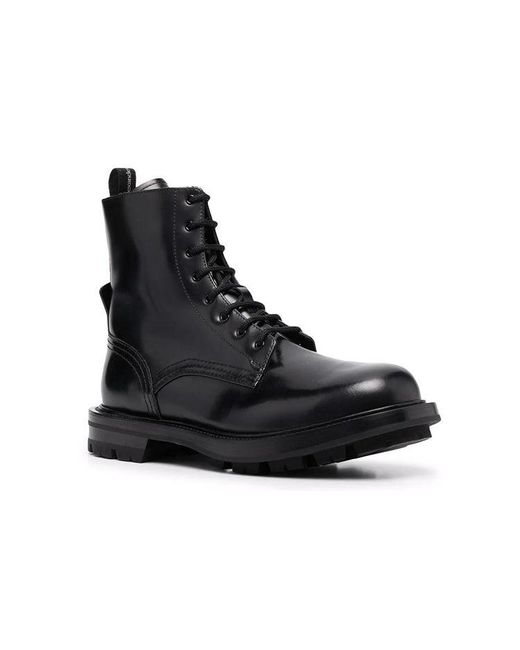 McQueen Black Polished Leather Combat Boots for men