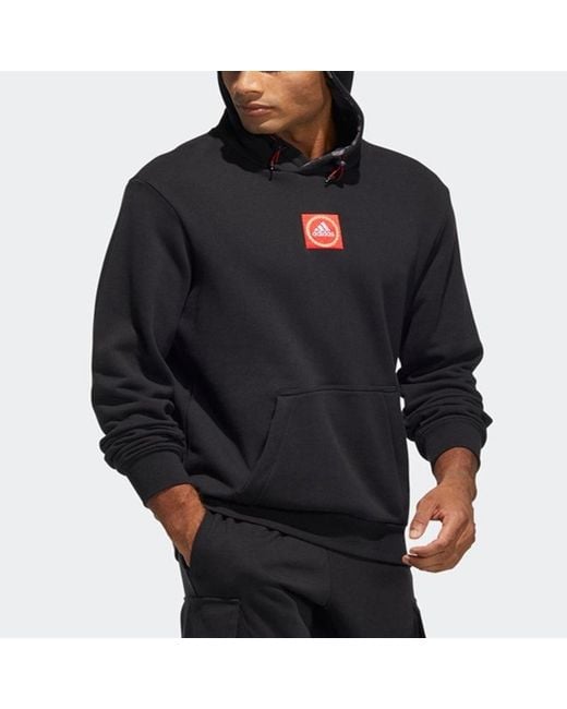 Adidas Black Cny Gfx Hood Limited Embroidered Pattern Sports Pullover for men