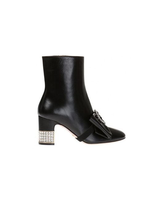Gucci Black (Wmns) Removable Bow Leather Ankle Boots