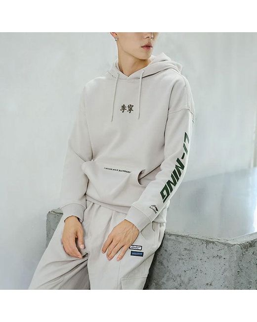 Li-ning Gray Sports Living Series Fleece Lined Stay Warm Loose Pullover Hoodie for men