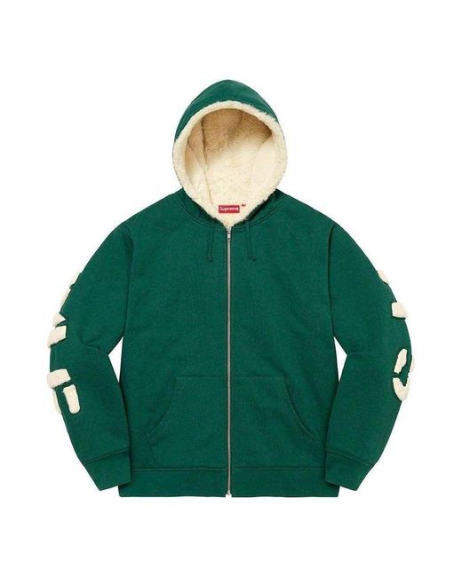 Supreme Green Faux Fur Lined Zip Up Hooded Sweatshirt for men