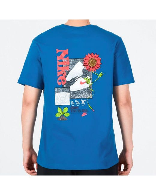 Nike Blue Logo Plant Flowers Pattern Printing Round Neck Casual Short Sleeve Sky T-Shirt for men
