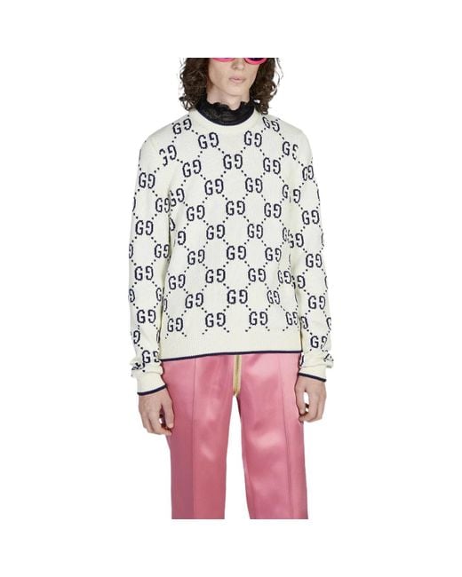 Gucci White Monogram-pattern Ribbed-trim Cotton Jumper for men