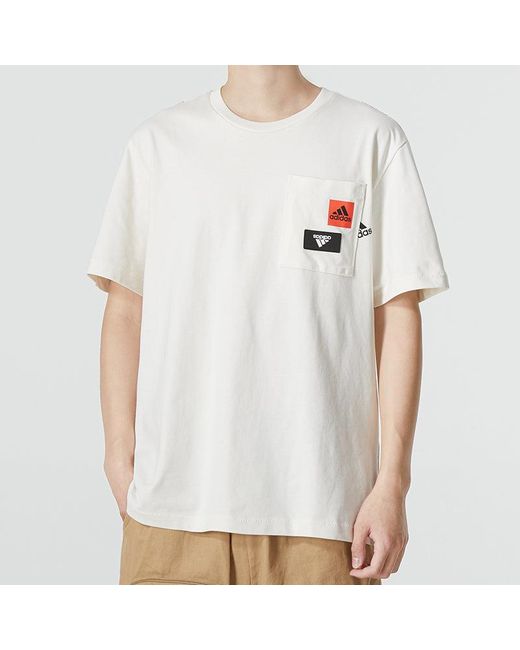 Adidas White Solid Color Logo Printing Pocket Athleisure Casual Sports Round Neck Short Sleeve T-Shirt for men