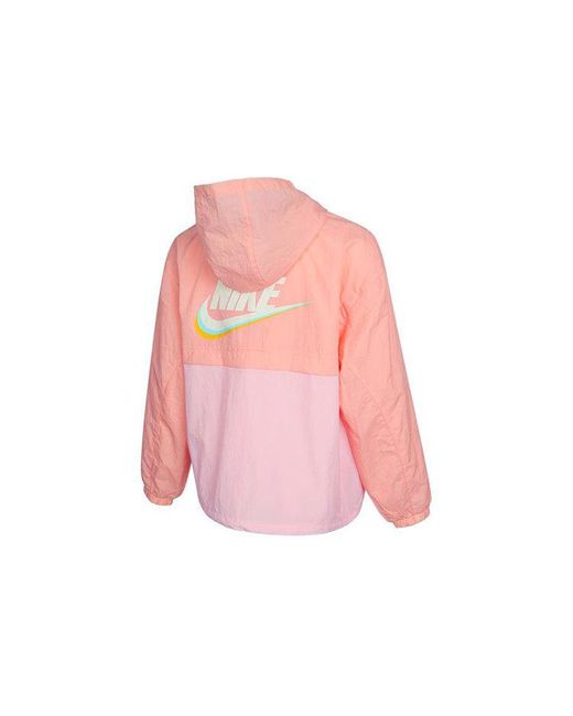 Nike Pink (Wmns) Sportswear Icon Clash Pattern Embroidered Contrasting Colors Light Woven Hooded Jacket Deep