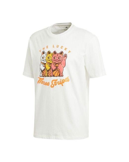 Adidas White 3 Cats Graphic Loose Sports Round Neck Cartoon Printing Short Sleeve for men