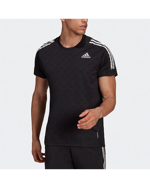 Adidas Black Own The Run Tee Sports Training Stripe Round Neck Short Sleeve for men