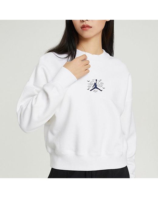 Nike White (Wmns) Jordan Solid Color Embroidered Round Neck Long Sleeves Hoodie