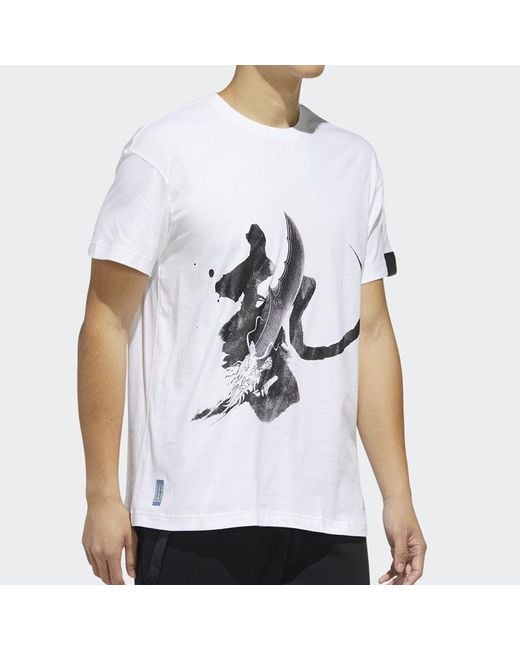 Adidas White Sports Round Neck Short Sleeve 'Wuji Story' for men