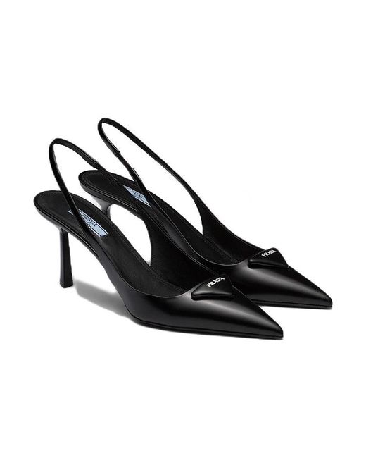 Prada Black (Wmns) Patched Logo Brushed Leather Slingback Heels