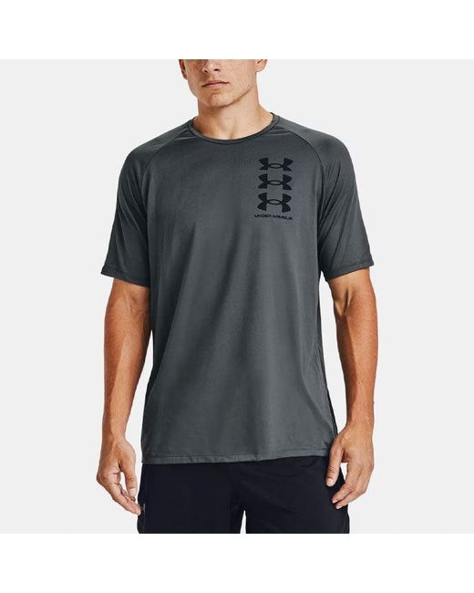 Under Armour Gray Tech Triple Logo Printing Sports Round Neck Short Sleeve for men