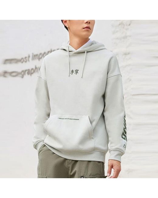 Li-ning Gray Sports Living Series Fleece Lined Stay Warm Loose Pullover Hoodie for men