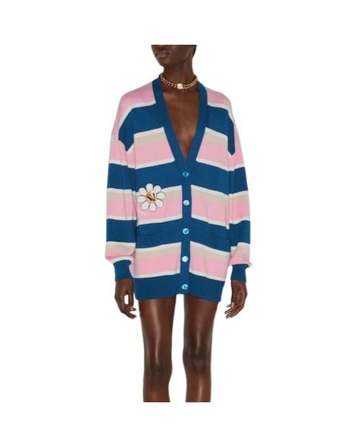 Gucci Blue Striped Cotton Wool Cardigan With Patch
