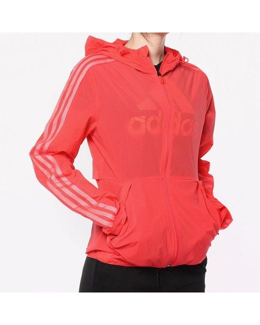 Adidas Red (Wmns) Plaid Applique Windtight Hooded Jacket Coat