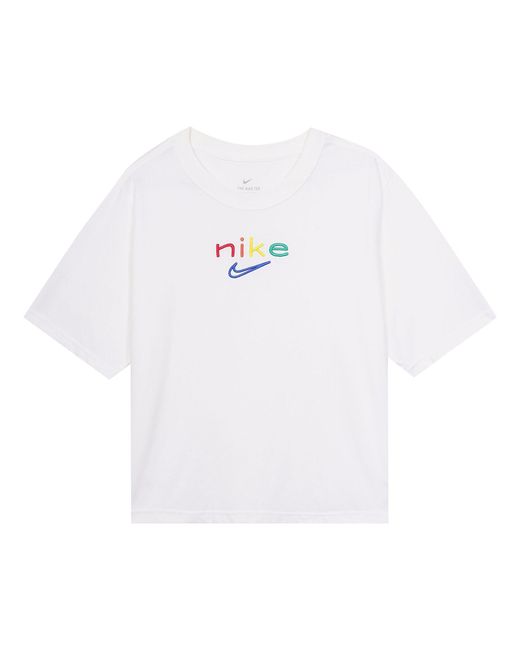 Nike White Dri-fit Boxy Rainbow Embroidery Logo Short Sleeve
