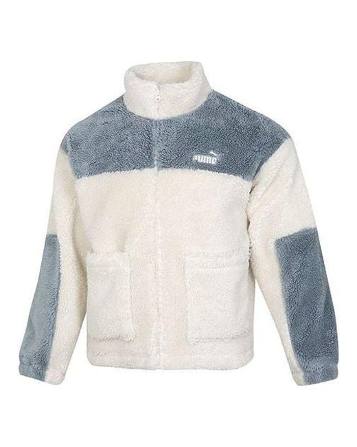 PUMA Blue Color Blocking Sherpa Jacket Contrasting Colors Lamb's Wool Stay Warm Sports Logo Creamy for men