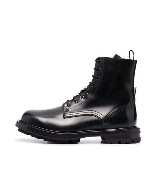 McQueen Black Polished Leather Combat Boots for men