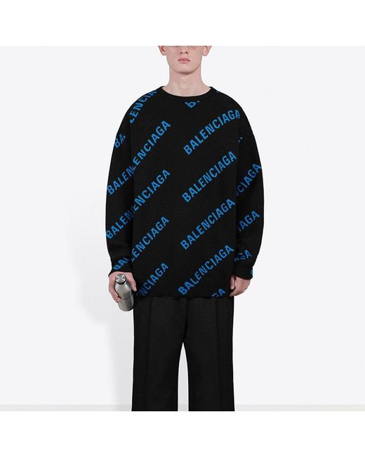 Balenciaga Blue Allover Logo Crewneck Sweater for men