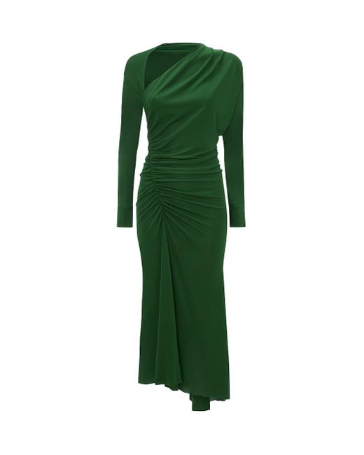 Victoria Beckham Asymmetric Ruched Midi Dress in Green | Lyst