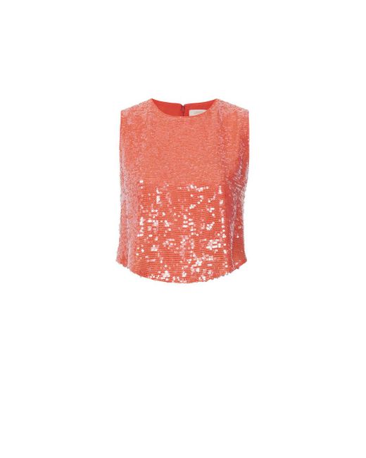 LAPOINTE Red Sequin Cropped Round Hem Tank