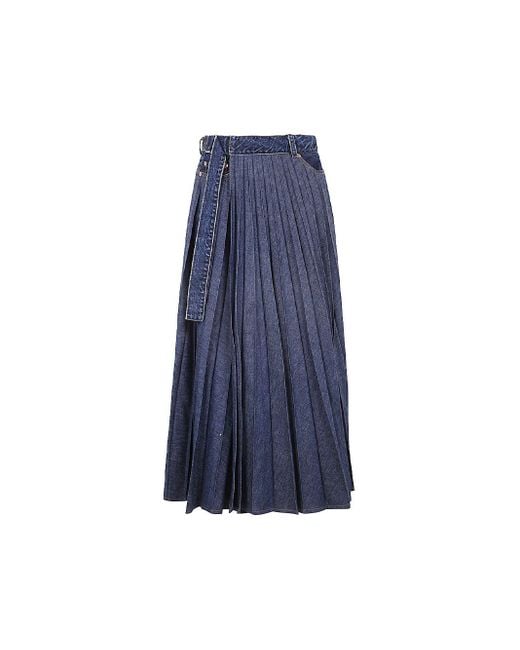 Sacai Blue Pleated Denim Midi Skirt