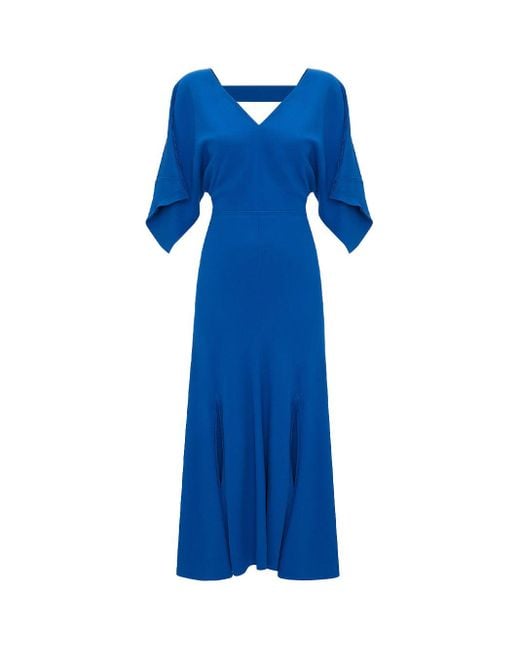 Victoria Beckham Blue V-neck Bias Godet Midi Dress