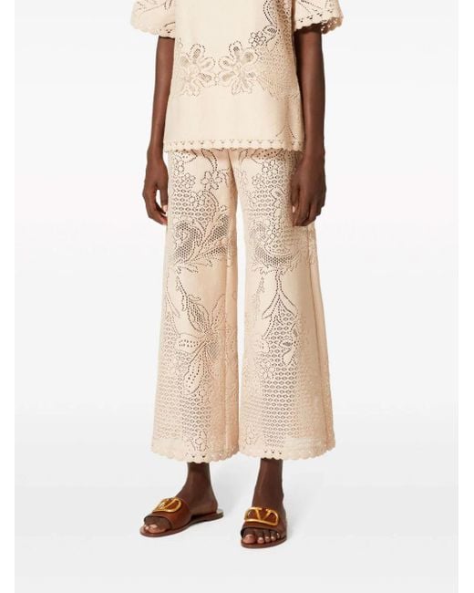 Valentino White Floral-embroidered Trousers
