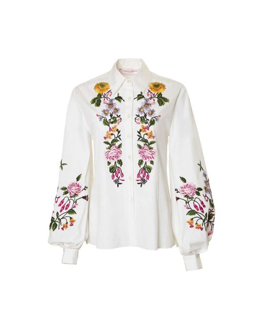 Carolina Herrera White Floral-embroidered Puff Sleeve Shirt