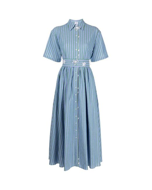 Rosie Assoulin Blue Seersucker Belted Shirt Dress