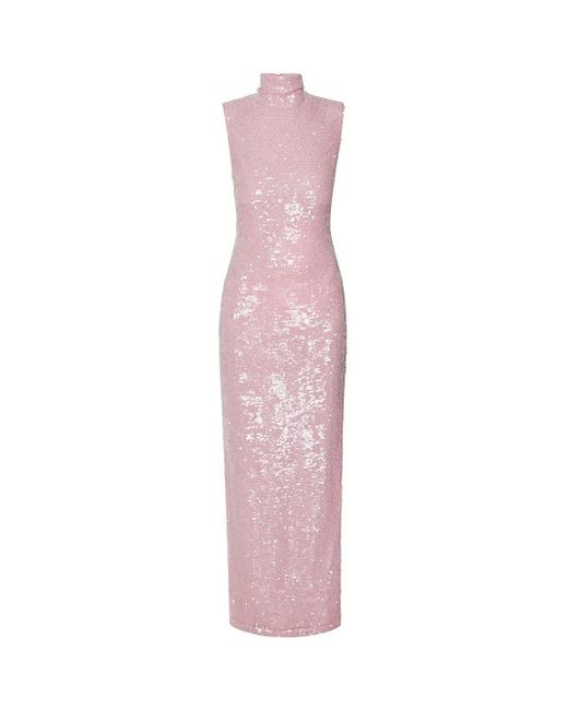 LAPOINTE Pink Sequin High Neck Midi Dress