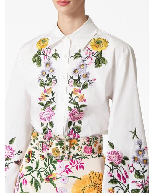Carolina Herrera White Floral-embroidered Puff Sleeve Shirt