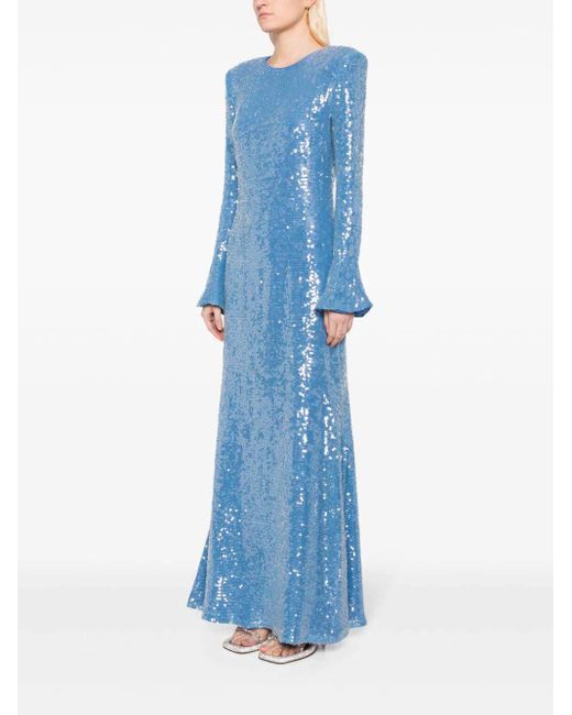 LAPOINTE Blue Sequin Flare Sleeve Gown