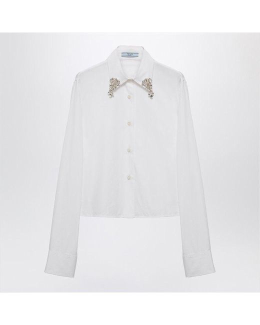 Prada White Classic Poplin Shirt With Rhinestone Detailing