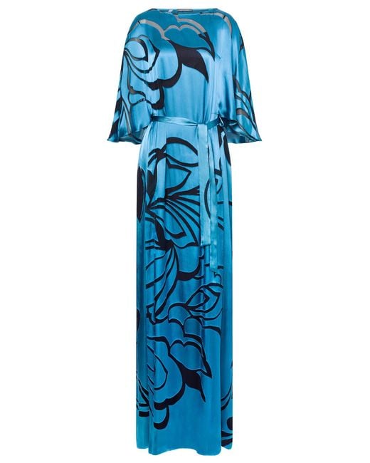 Alberta Ferretti Blue Elegant Long Dress With Floral Motifs