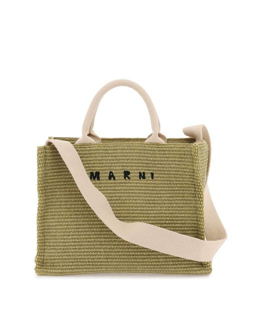 Marni Green Raffia-Effect Canvas Small Tote Bag