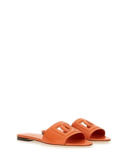 Dolce & Gabbana Orange Pleated Slide Sandals With Logo
